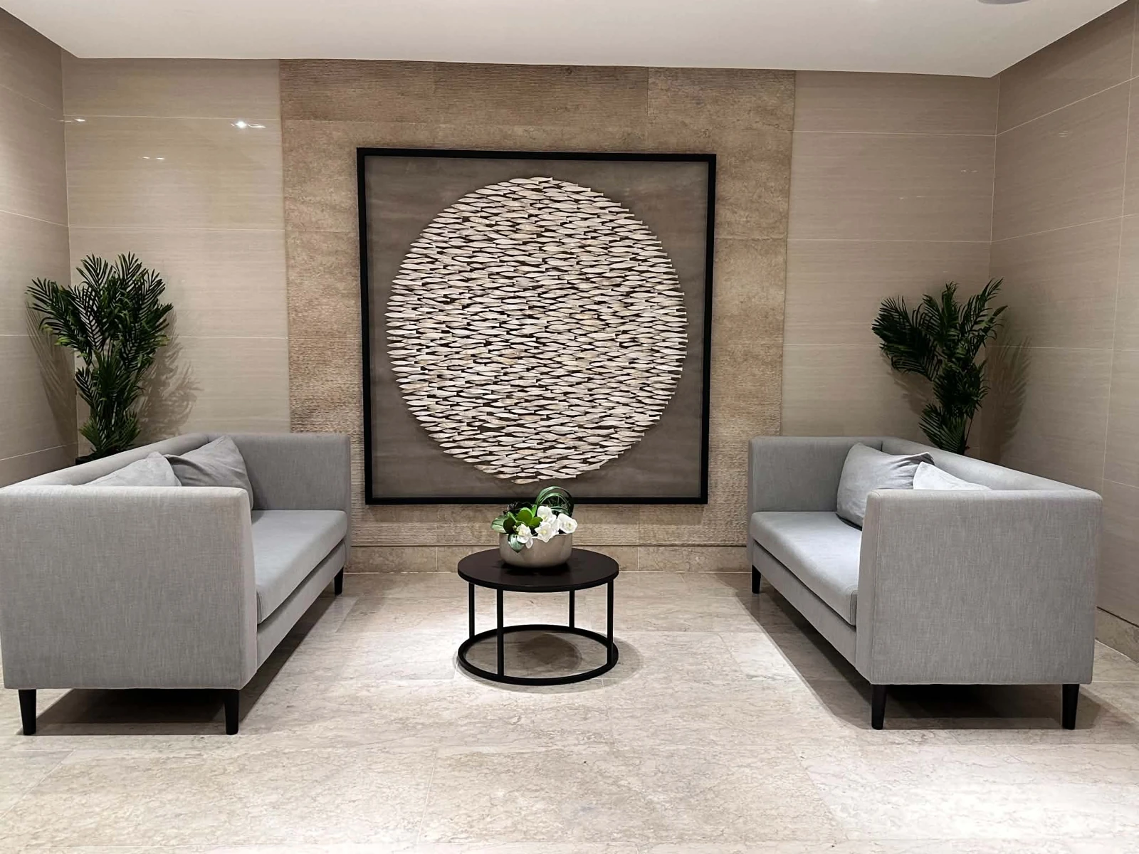 Actual Shore 3 seating area with sofas and artwork